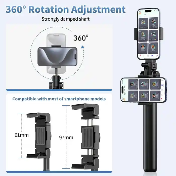 Ulanzi MT-70 Tripod 1.5m Selfie Stick Tripod with 360 / 180 Degree Pan and Tilt, Rotating Cold Shoe Mount, 1kg Max Load Capacity and 20m Wireless Remote Control Range for Smartphone Compact Cameras